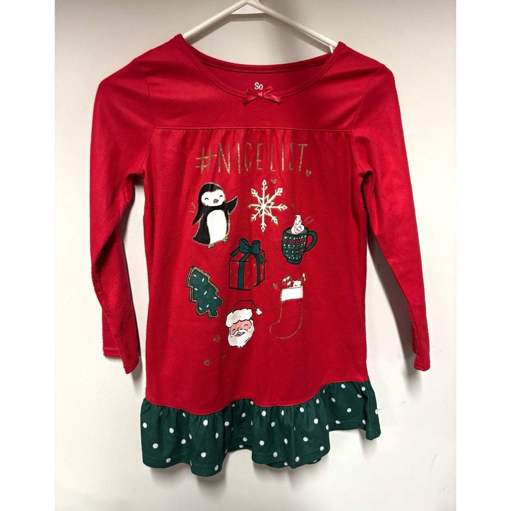 So Girls Christmas Nightgown Fleece Dress Red Green Holiday Size 5/6 Long Sleeve